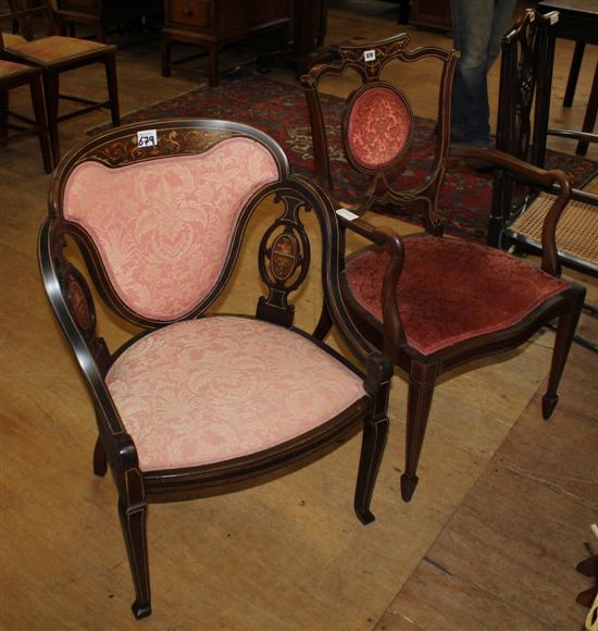 2 Edwardian inlaid mahogany elbow chairs